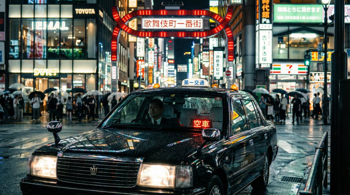 Cinematic taxi in rainy Kabukicho at night — example 1