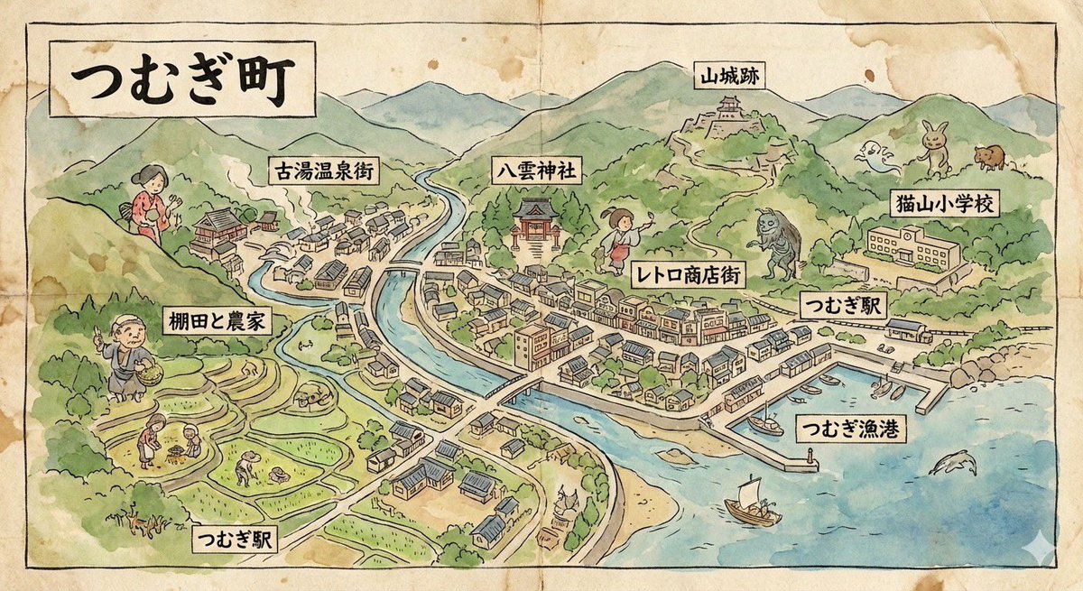 Hand-drawn map of a fictional Japanese town — example 1