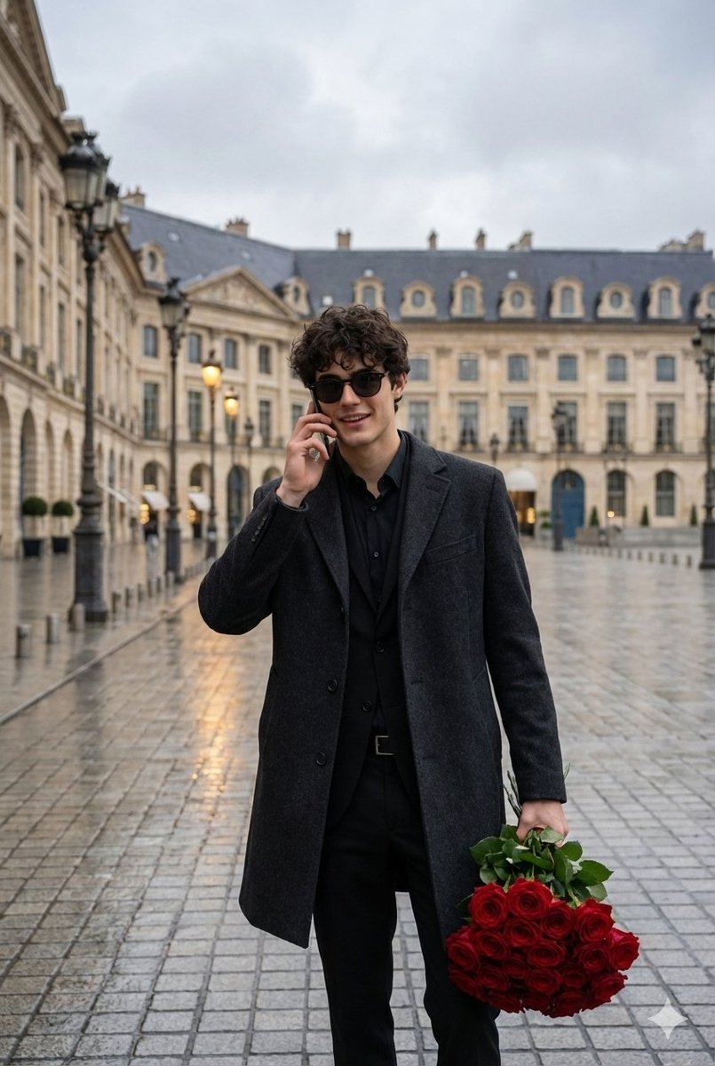 Cinematic Scene of a Man with Roses on a Wet City Street — example 1
