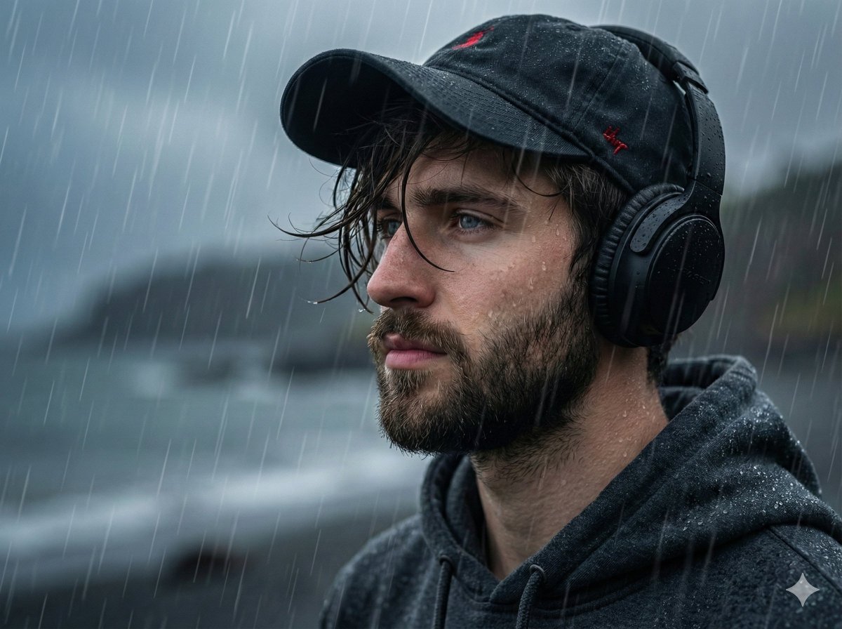 Melancholic Portrait in Coastal Rain — example 1
