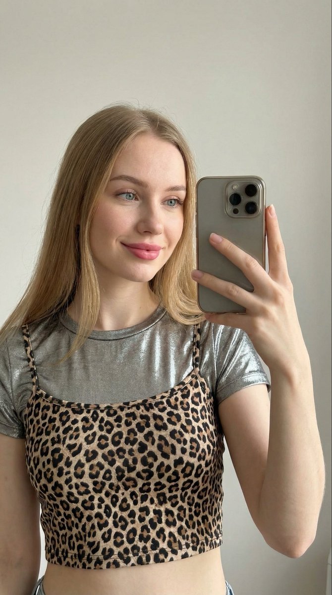 Close-up Selfie of a Woman in Leopard Print and Metallic Shirt — example 1