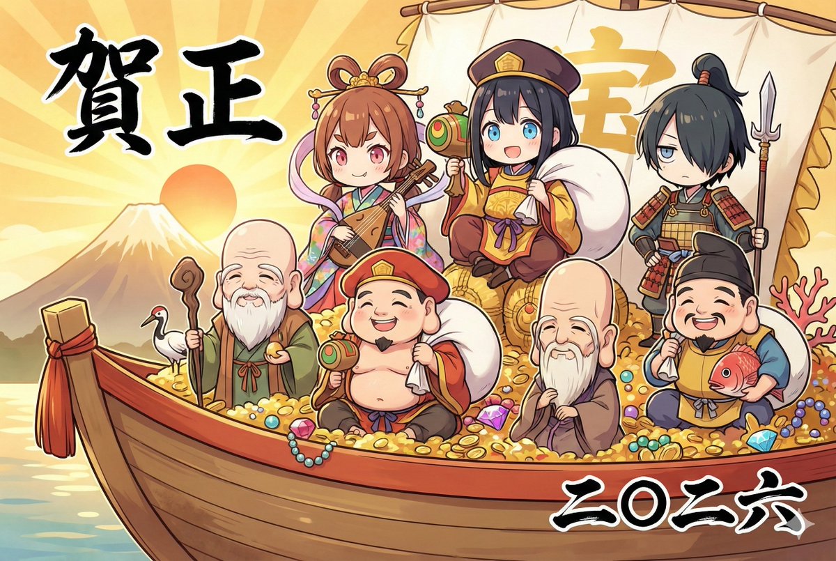 New Year's Card Illustration with Seven Lucky Gods Costume Swap — example 2