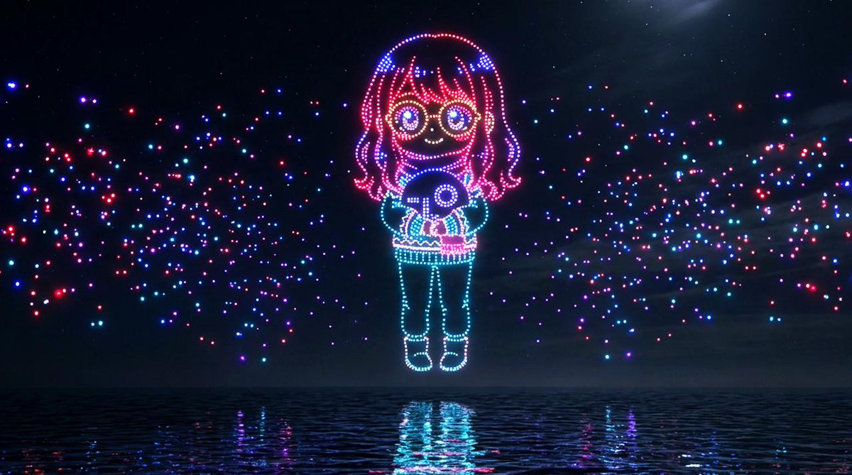 Drone Art Character Projection over Night Sea — example 1