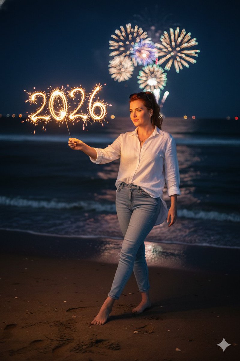 Romantic Cinematic New Year 2026 Beach Night Scene — example 1