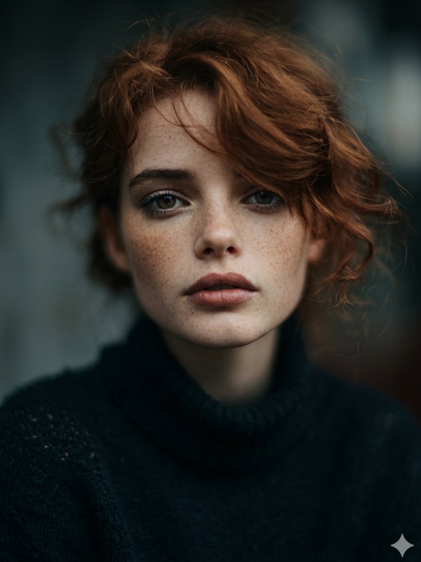 Intimate Cinematic Auburn Portrait with Freckles — example 1