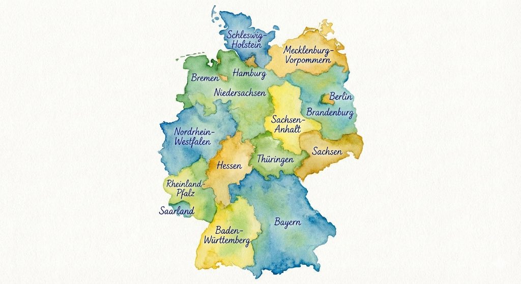 Watercolor map of Germany with labeled states — example 1