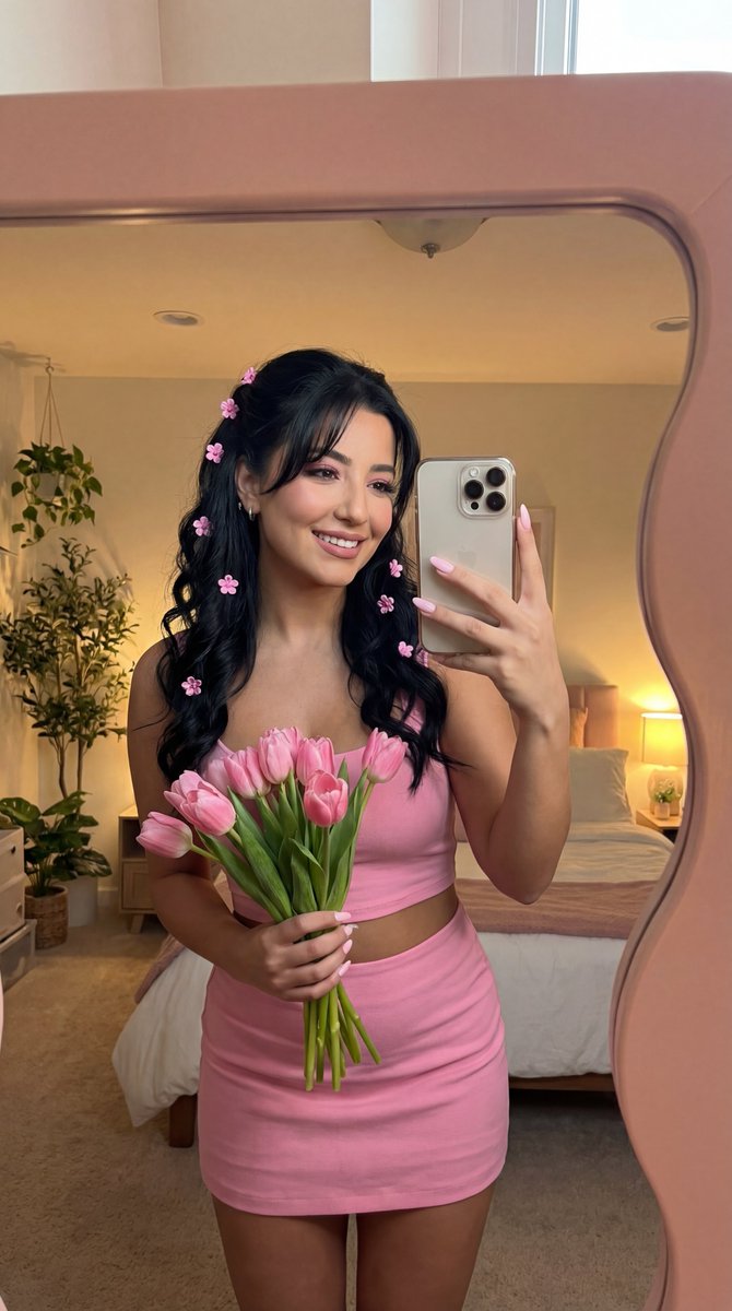 Coquette Mirror Selfie with Pink Flowers and Identity Lock — example 1