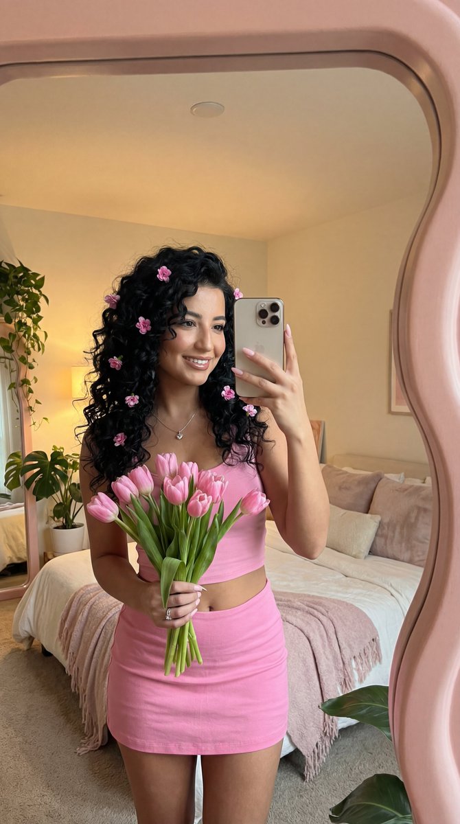 Coquette Mirror Selfie with Pink Flowers and Identity Lock — example 2