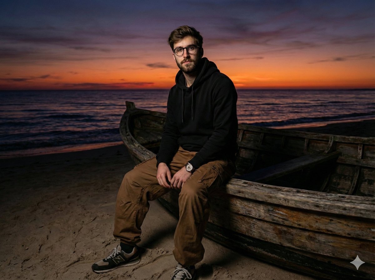 Moody Cinematic Portrait on Stranded Boat at Sunset — example 1
