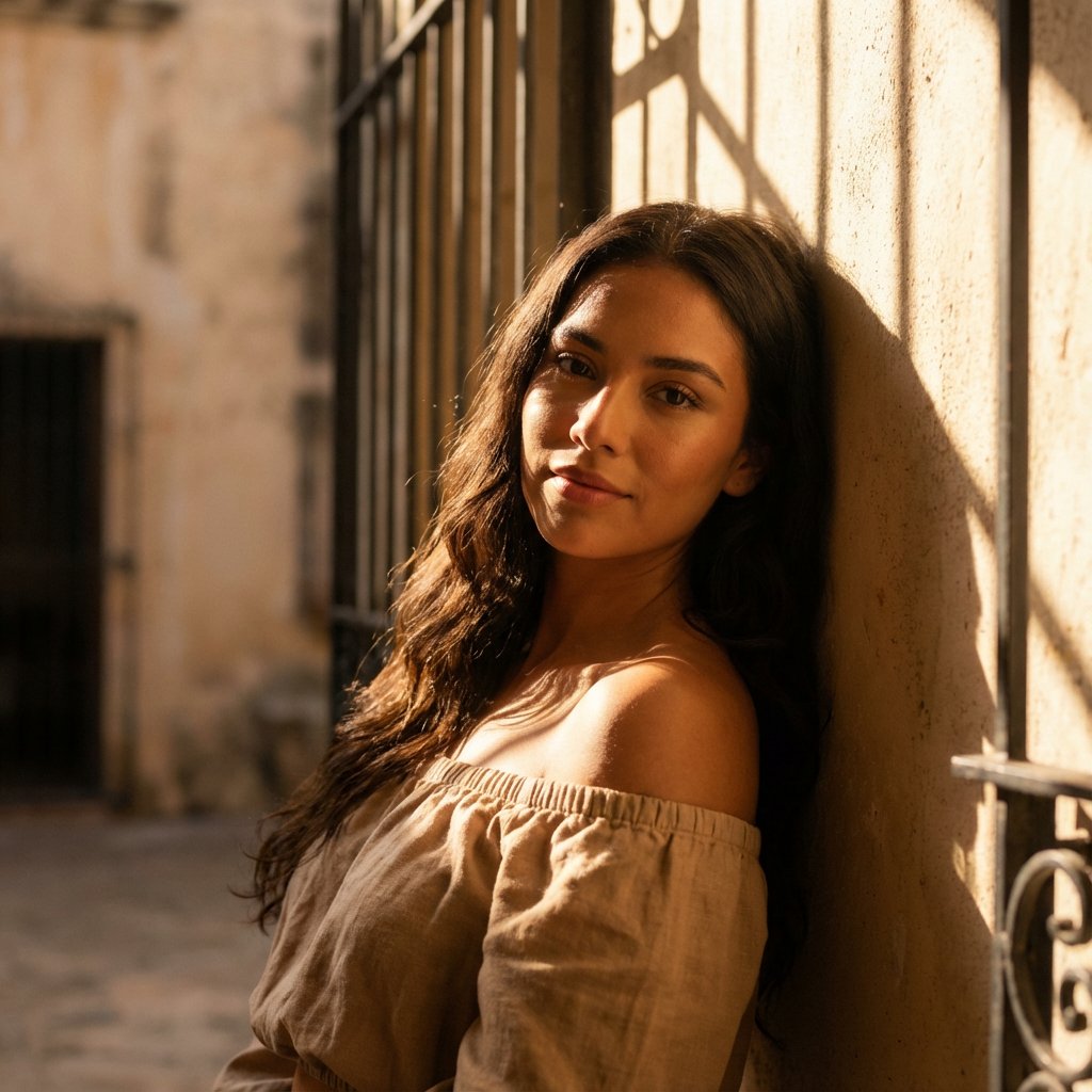Cinematic Latina Portrait with Volumetric Light — example 1