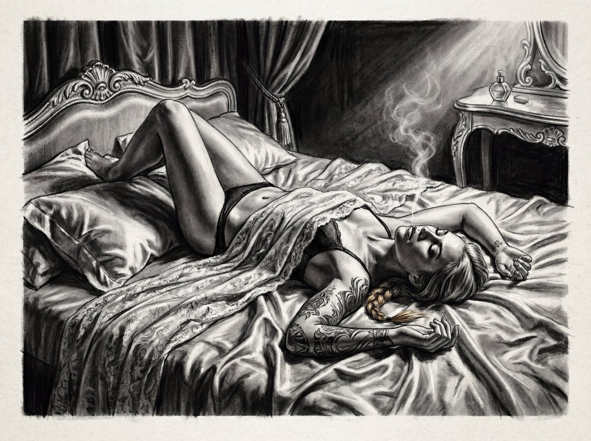 Boudoir portrait in charcoal sketch 4K — example 1