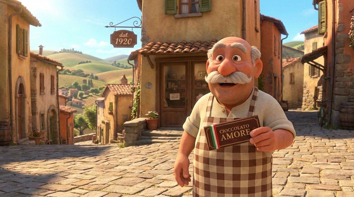 Pixar Style Italian Man in Front of Chocolate Shop — example 1