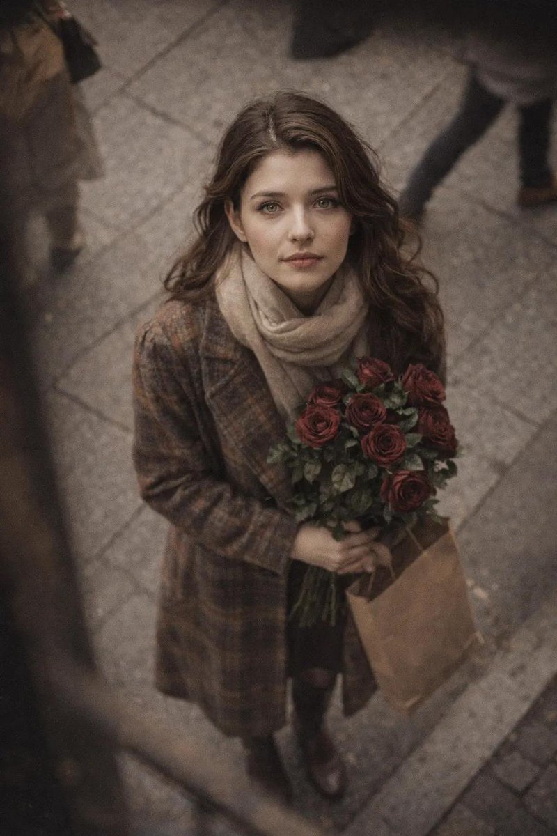 Cinematic Street Photography Portrait with Roses — example 1