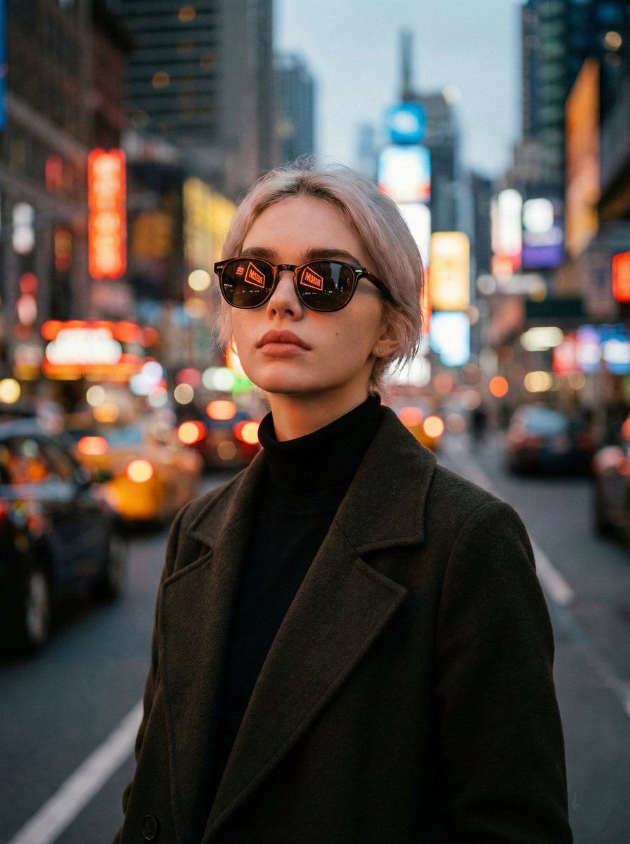 Cinematic Twilight City Portrait with Neon Reflections — example 1