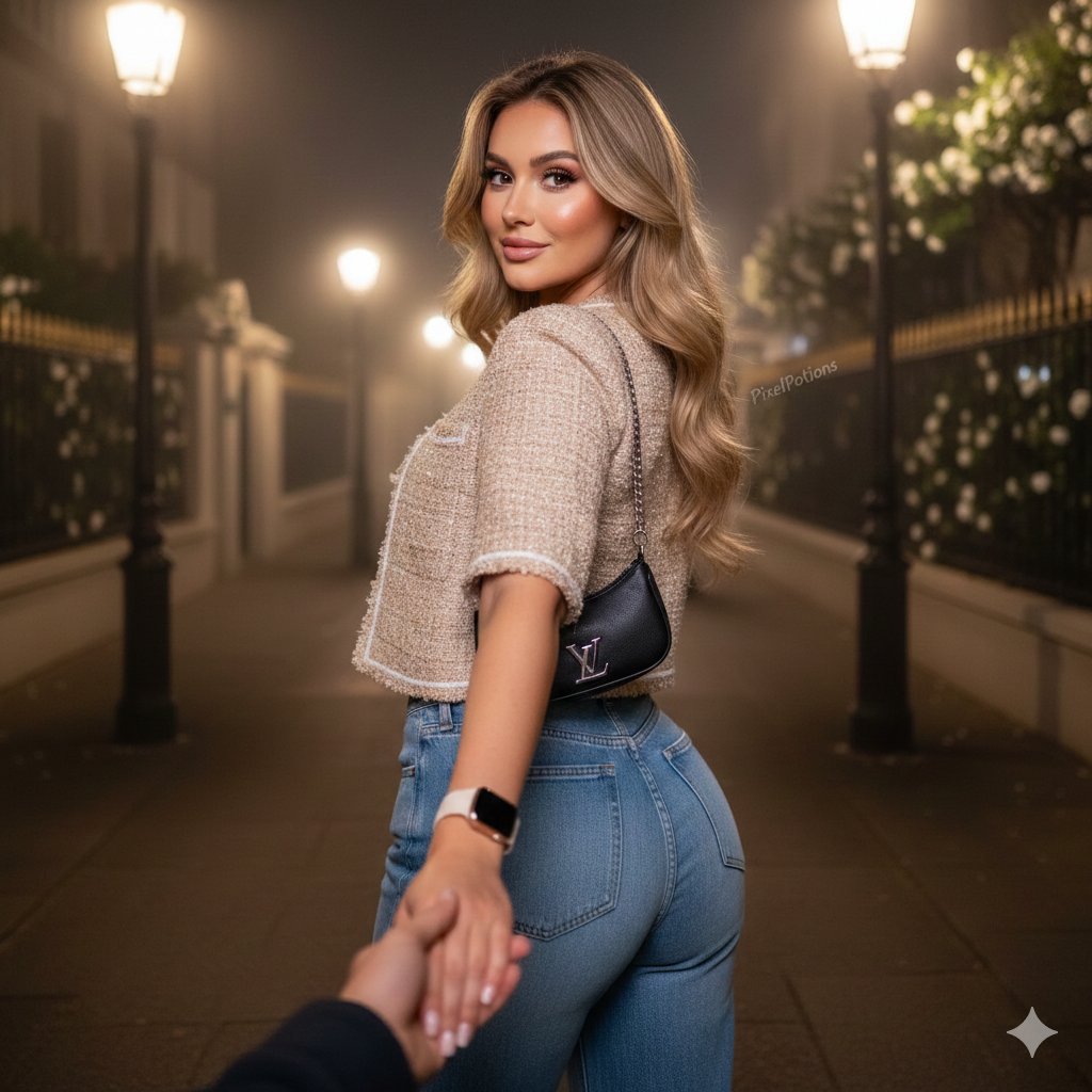 Hyper-realistic Fashion Editorial Portrait: Night Walk — example 1