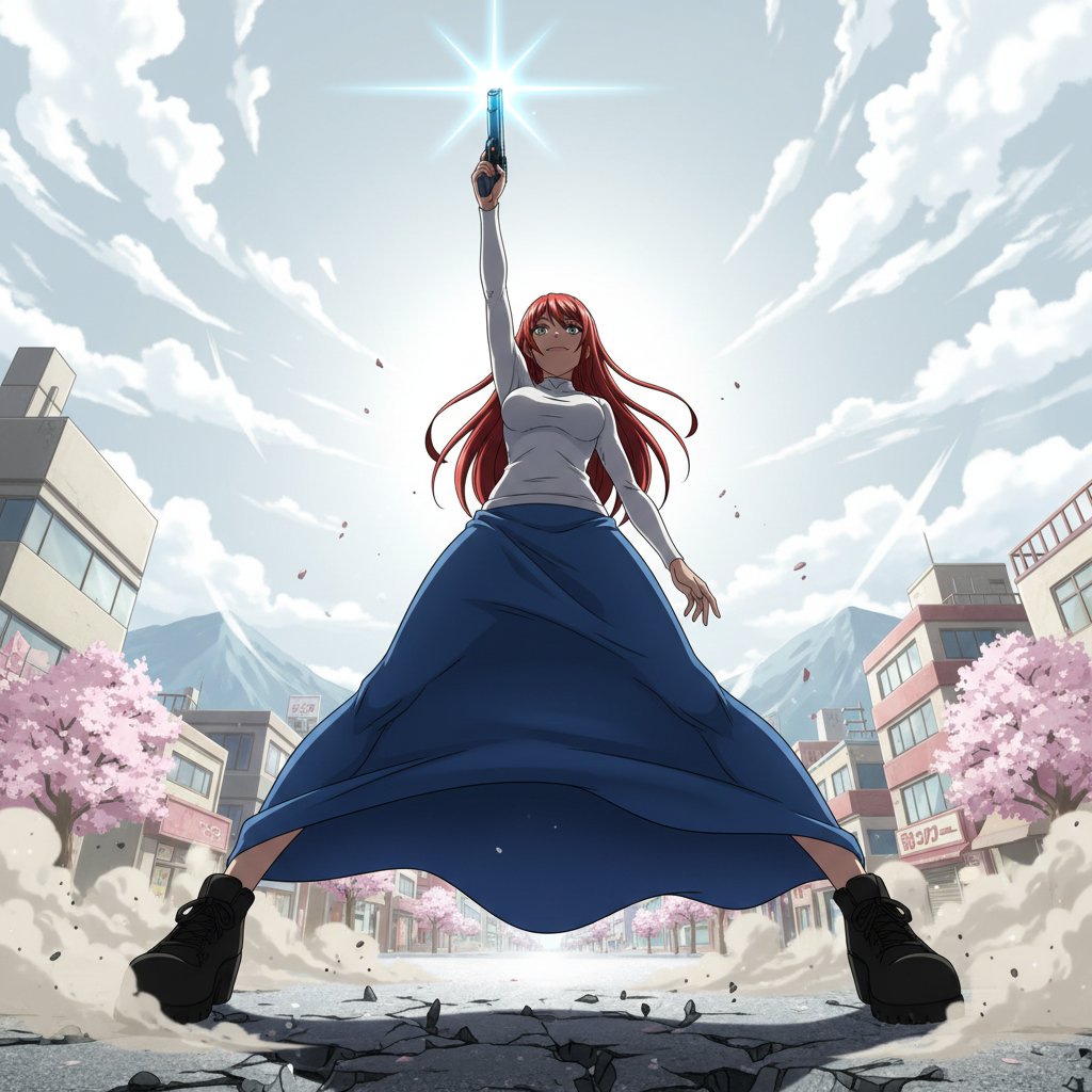 Nano Banana Prompt for Heroic Low-Angle Pose with Beam Weapon — example 1