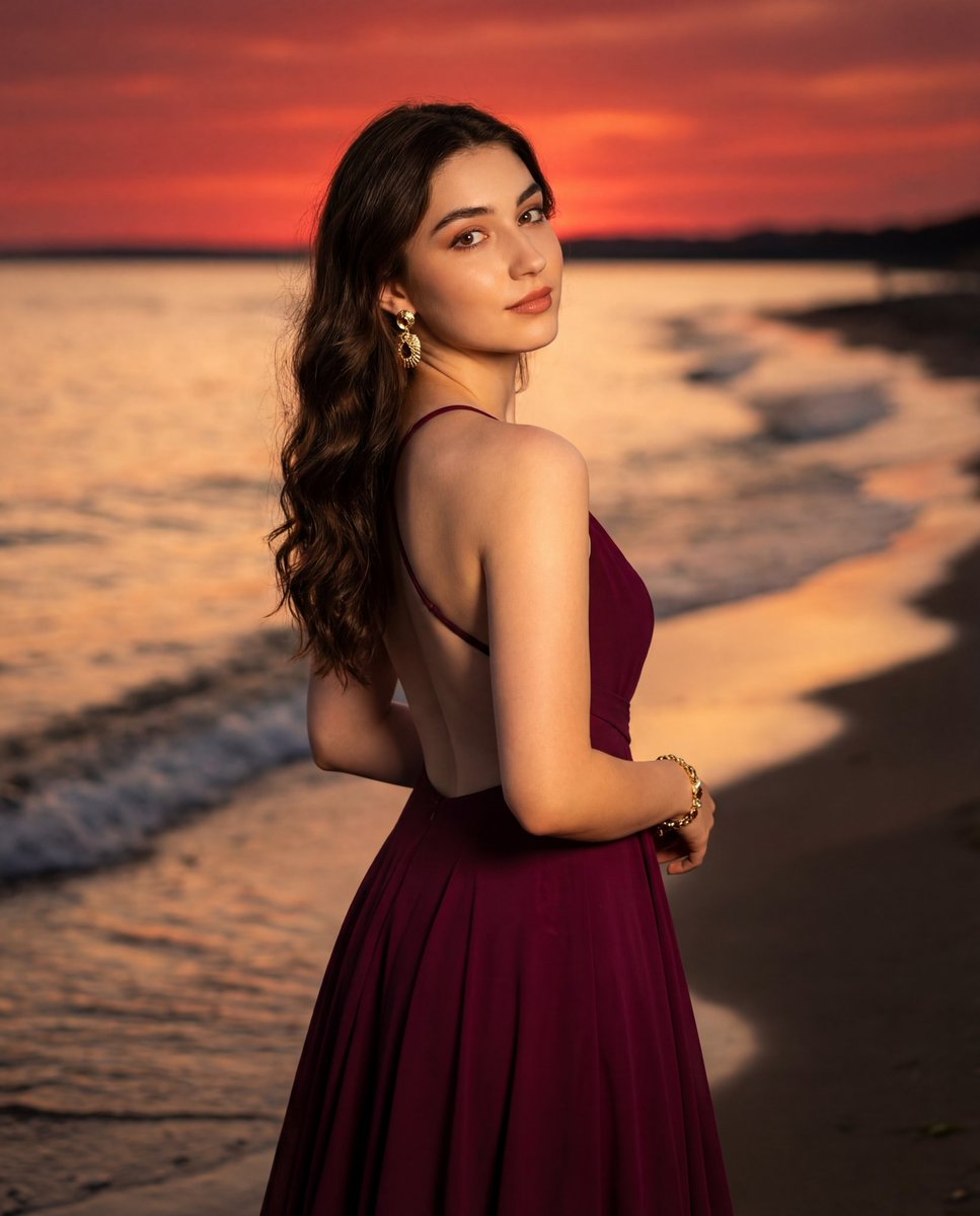 Photorealistic Portrait of a Woman in an Evening Dress at Sunset Beach — example 1