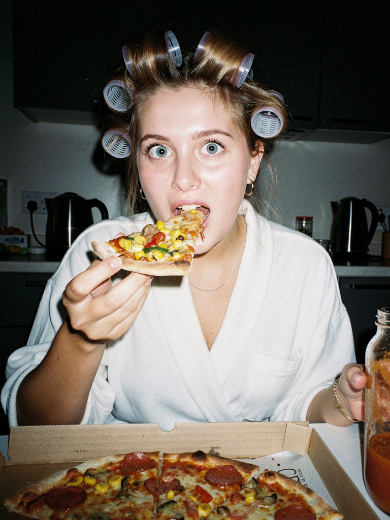 Ultra Photorealistic Candid Flash Portrait of a Woman Eating Pizza — example 2