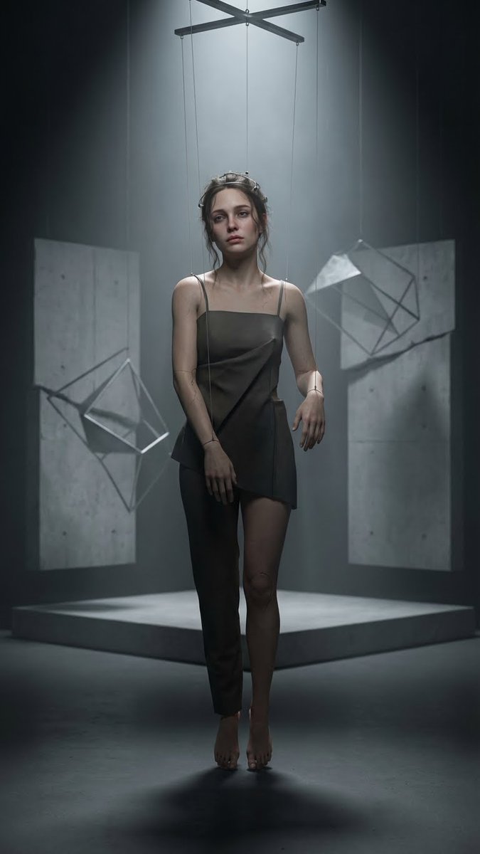 Hyper-Realistic Marionette in Post-Modern Gallery — example 1