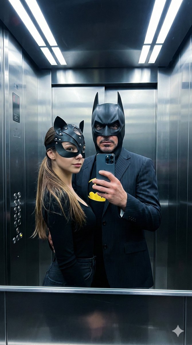 Cinematic Bat/Cat Couple Mirror Selfie with Identity Lock — example 1