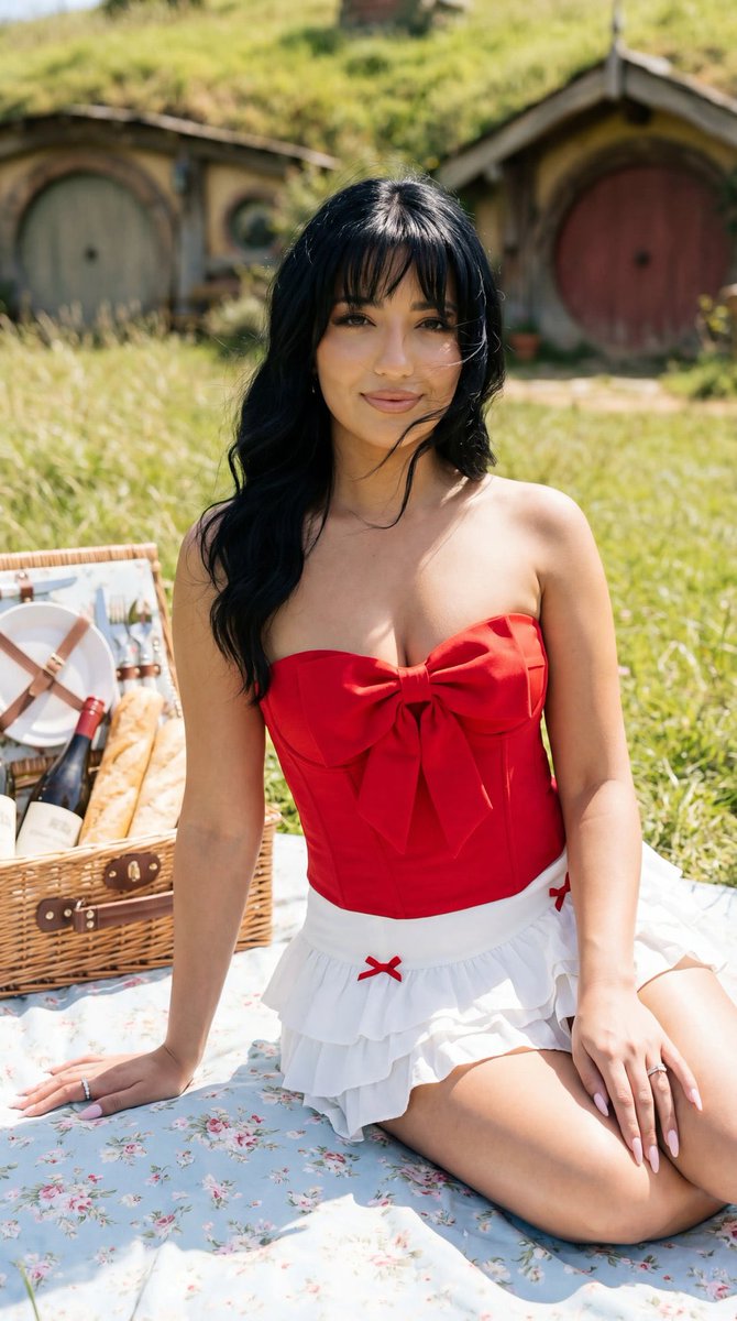 Photoreal Picnic Portrait near Hobbit Cottages — example 1