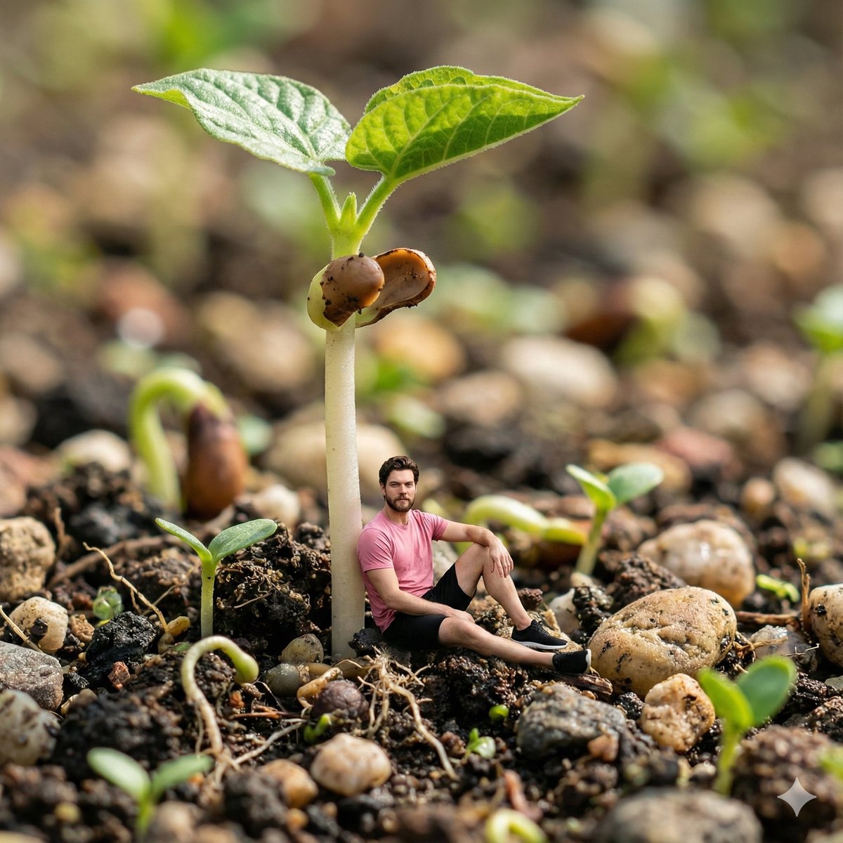 Surreal Macro-Fantasy: Tiny Man and Giant Bean Sprout — example 1