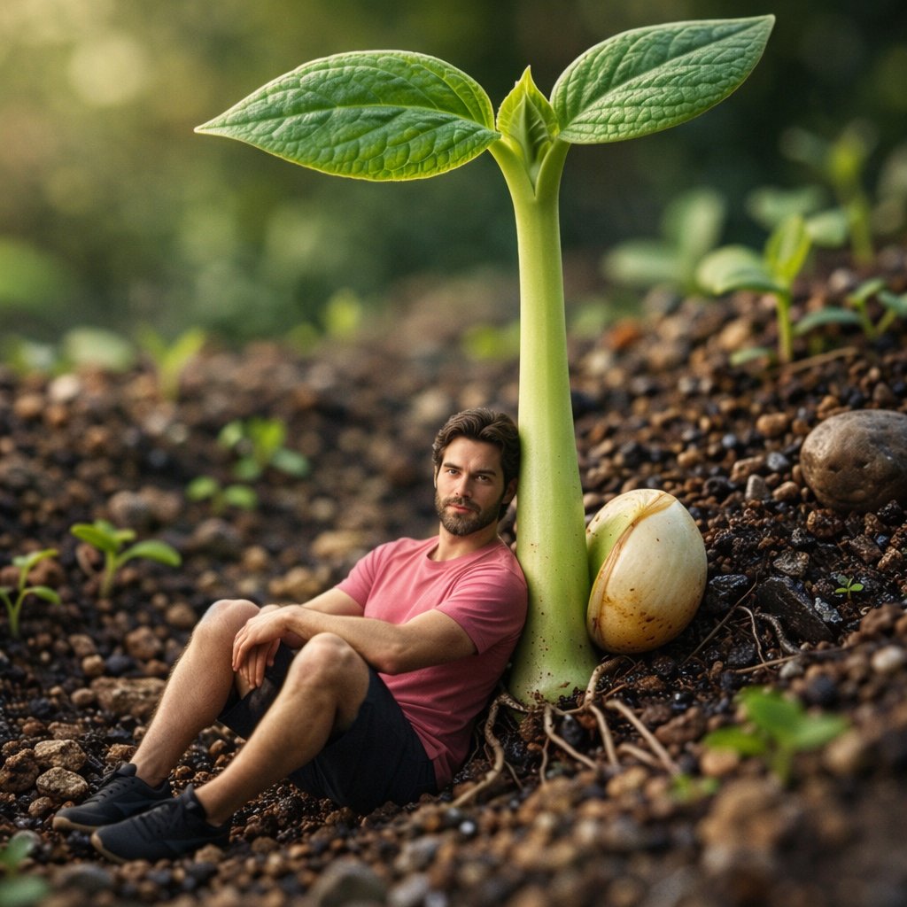 Surreal Macro-Fantasy: Tiny Man and Giant Bean Sprout — example 2
