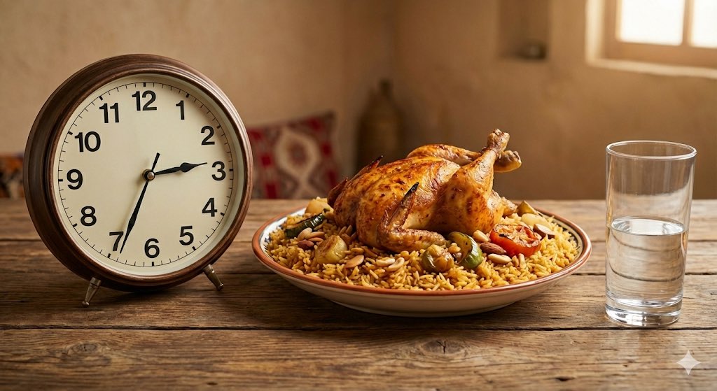 Analog clock and Saudi kabsa meal still life — example 1