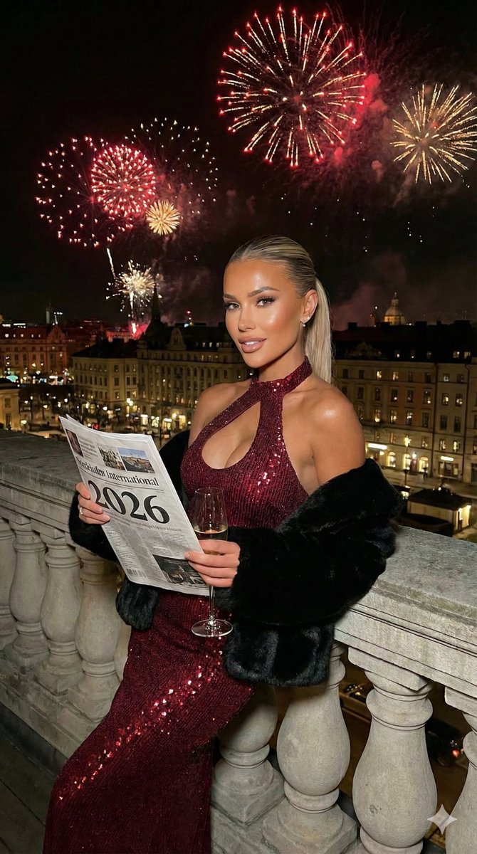Glamorous Nighttime Balcony Portrait with Fireworks — example 1