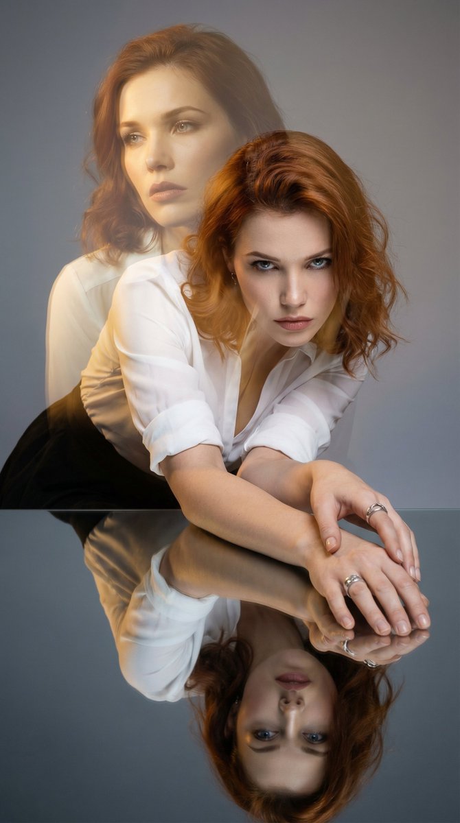 High-Fashion Double Exposure Portrait with Reflection — example 3