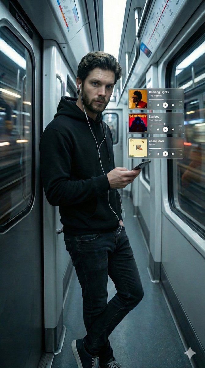 Cinematic Subway Portrait with Holographic Music UI — example 1