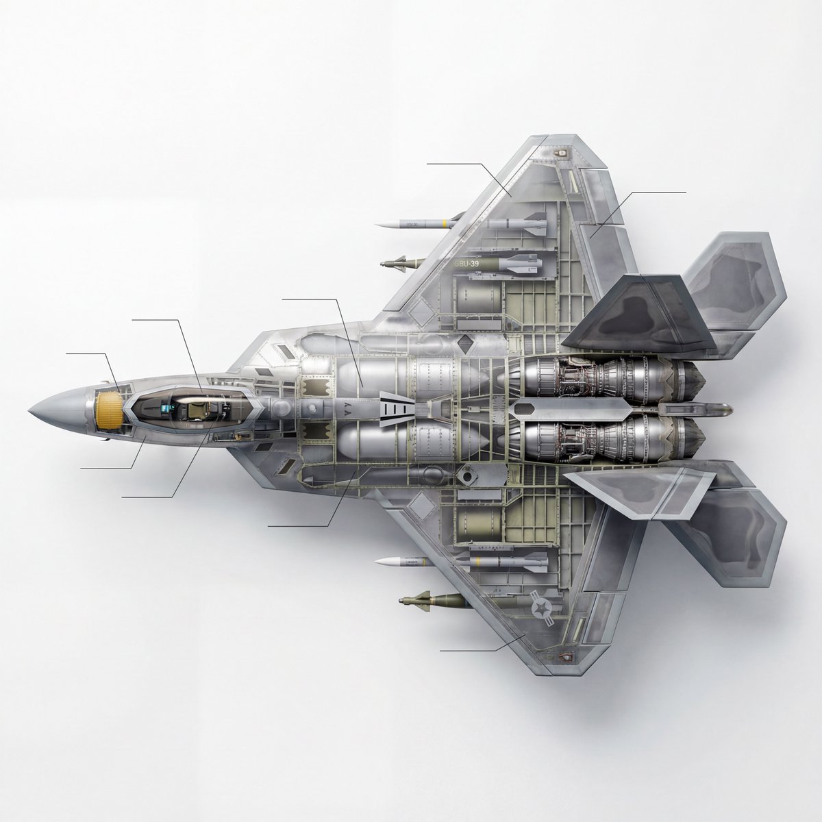 Cutaway infographic of a 5th generation stealth fighter jet — example 1