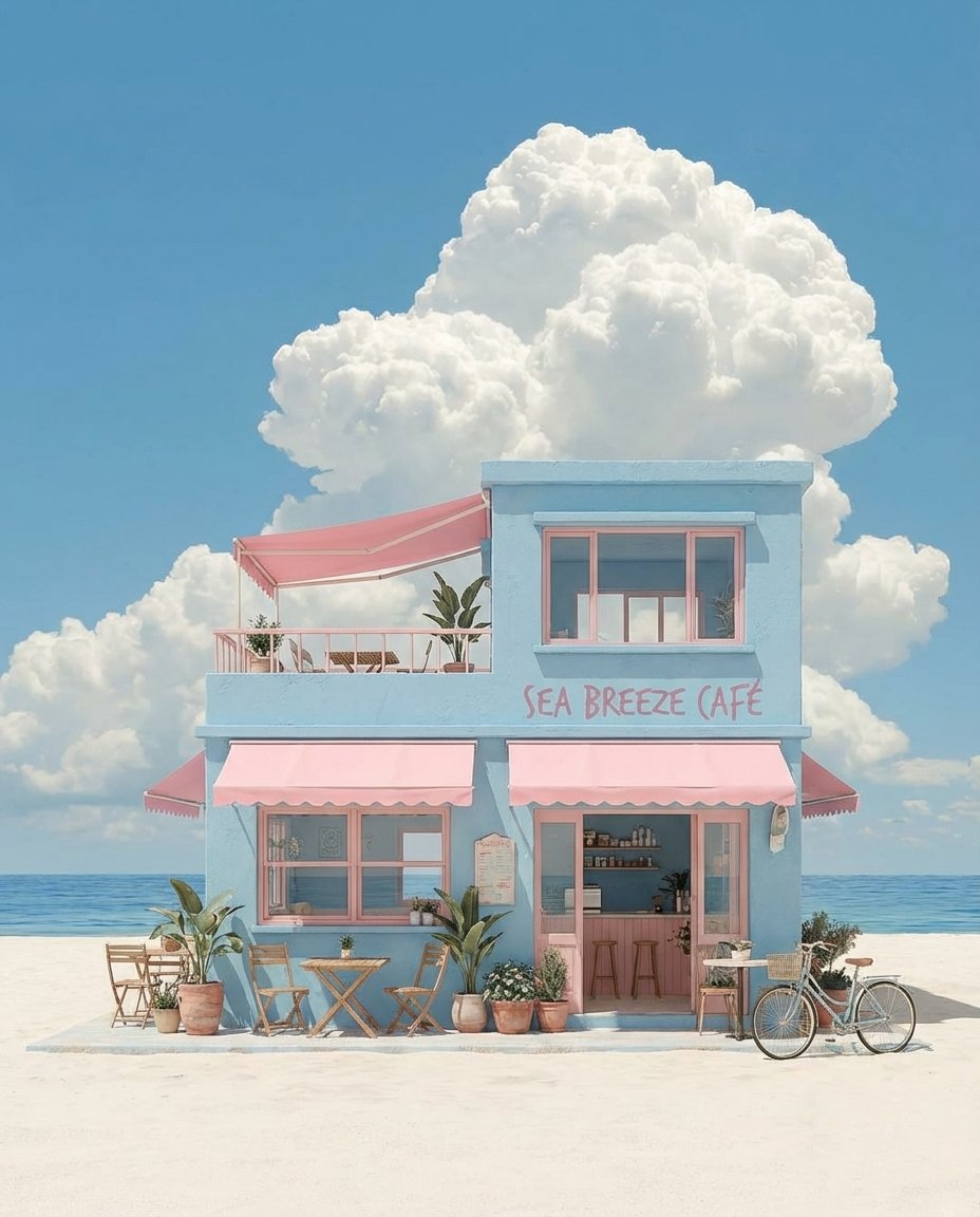 Pastel Coastal Building with Dramatic Cumulus Cloud Prompt — example 1