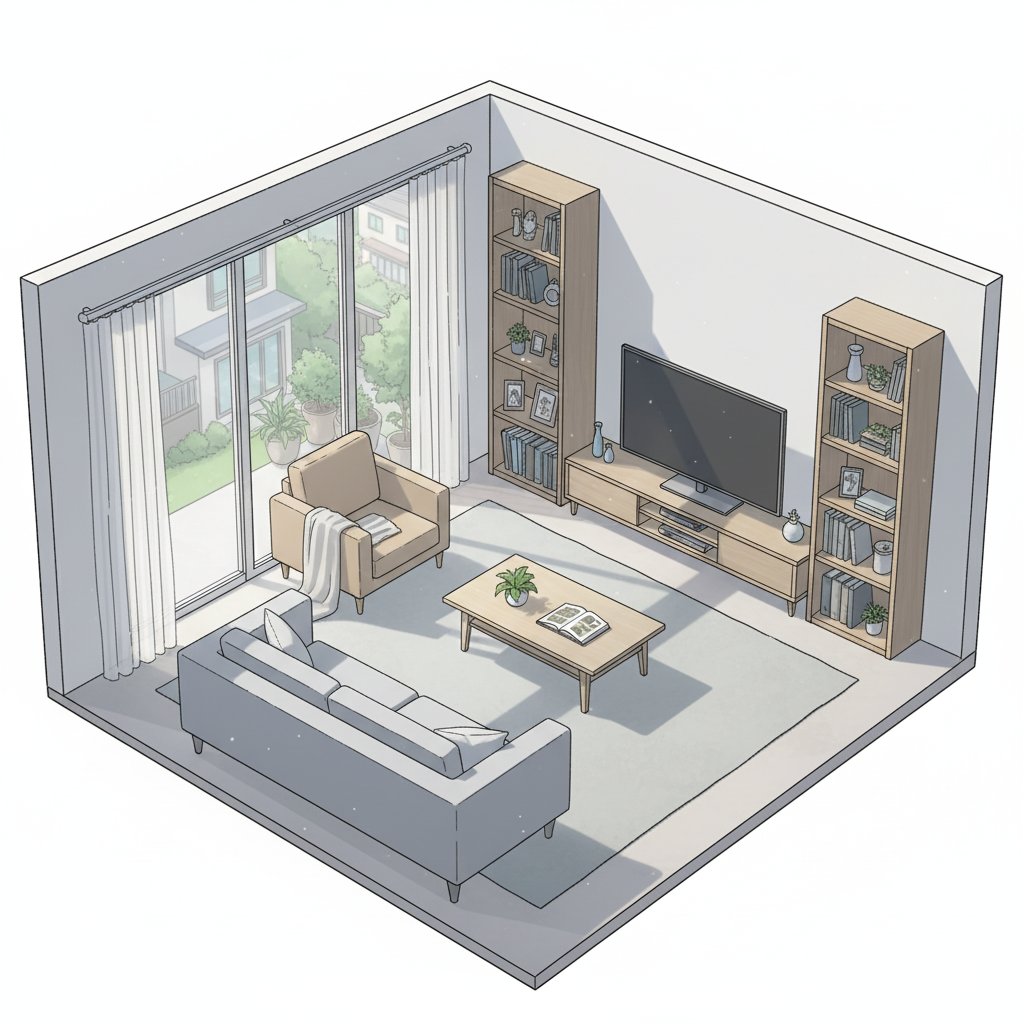 Isometric living room layout based on a sofa photo — example 4
