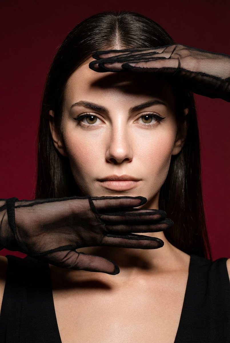 High-Fashion Editorial Portrait with Dramatic Hand Pose — example 1