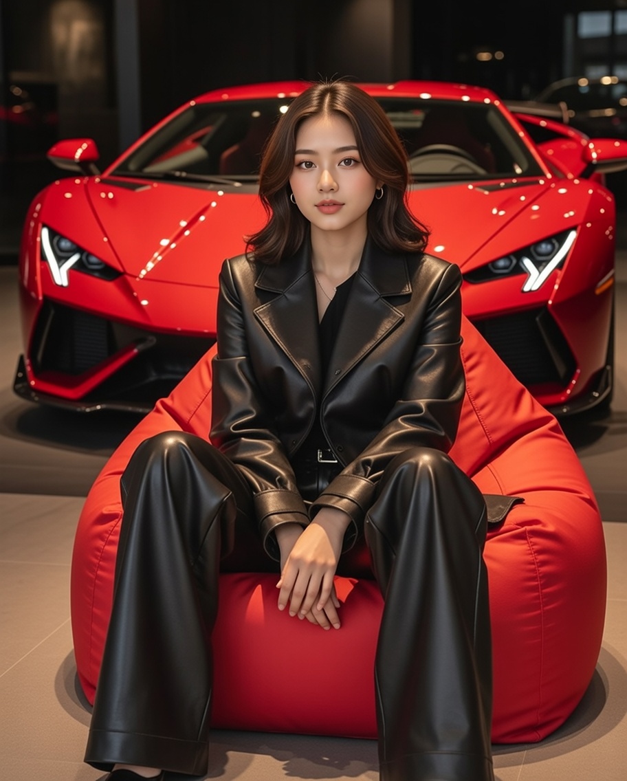 Luxury Showroom Scene with Red Supercar and All-Black Outfit — example 1