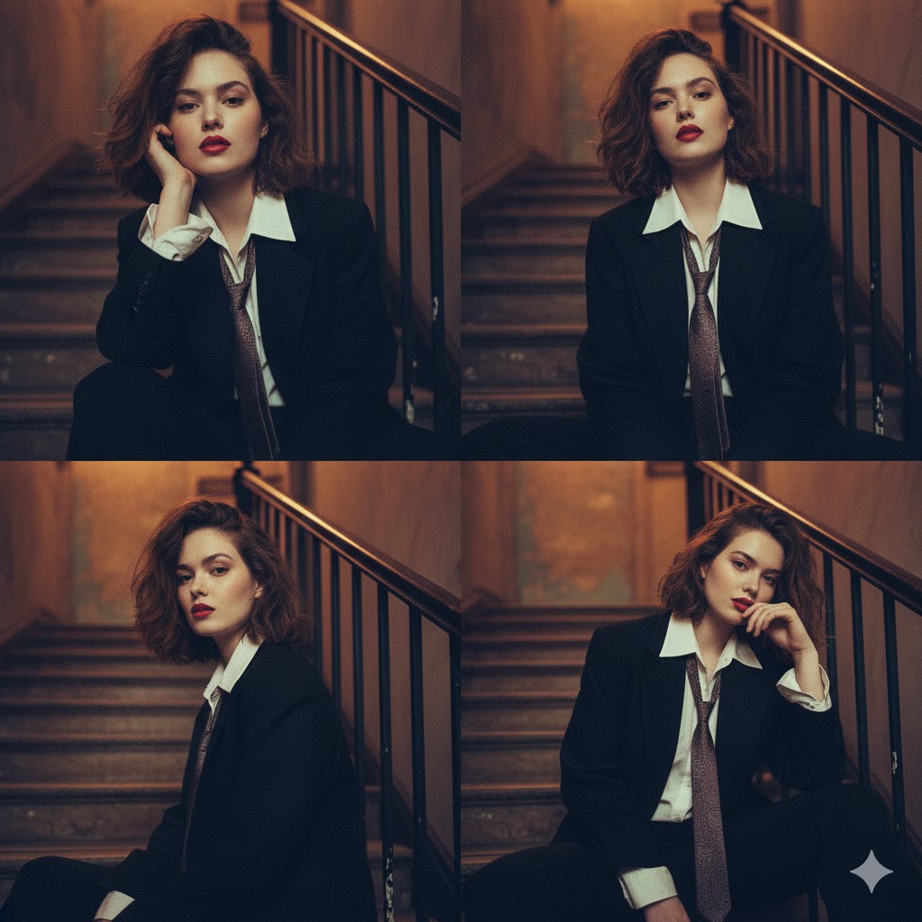 Moody 2x2 editorial collage of an androgynous woman — example 1