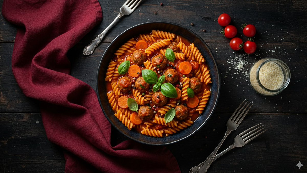 Refined Dining Scene with Fusilli and Meatballs — example 1