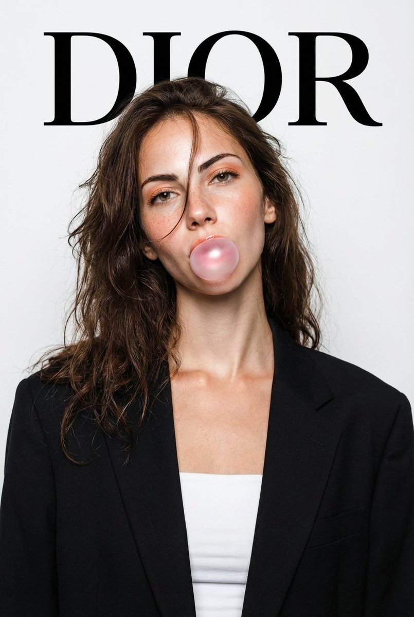DIOR High-Fashion Studio Portrait with Bubble Gum — example 1