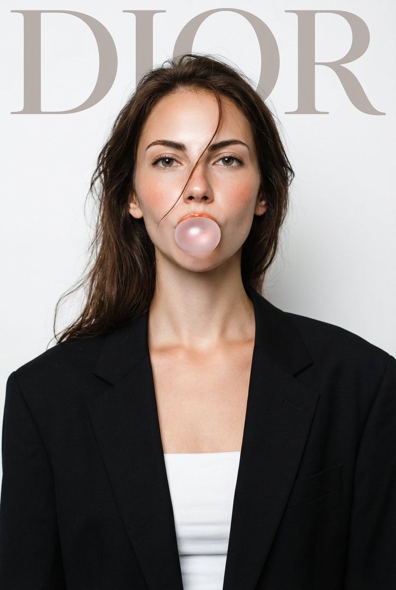 DIOR High-Fashion Studio Portrait with Bubble Gum — example 2