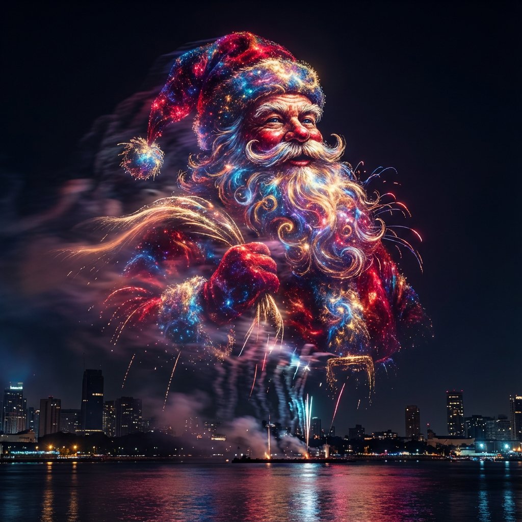Santa Claus Fireworks over City Skyline — example 1
