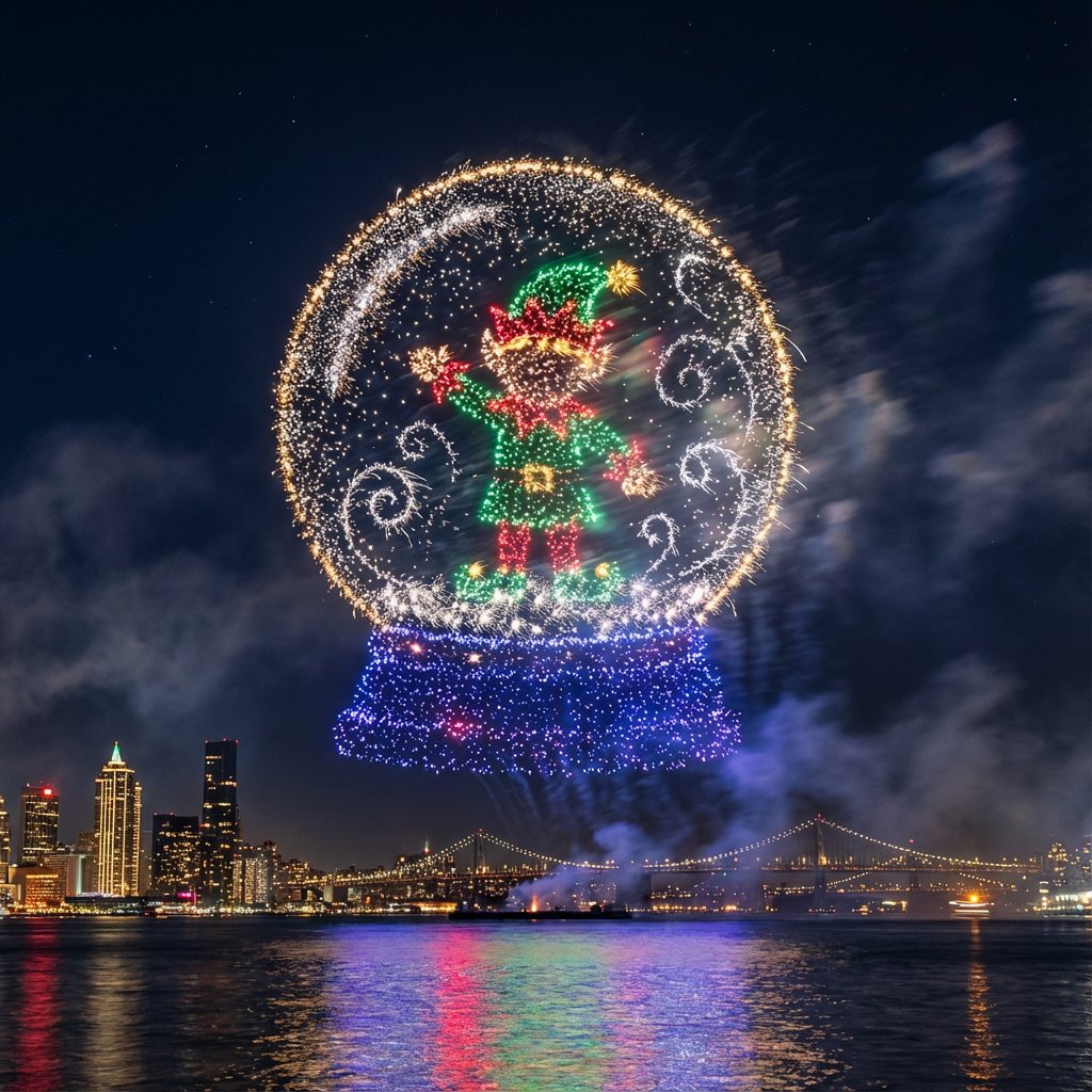 Santa Claus Fireworks over City Skyline — example 2