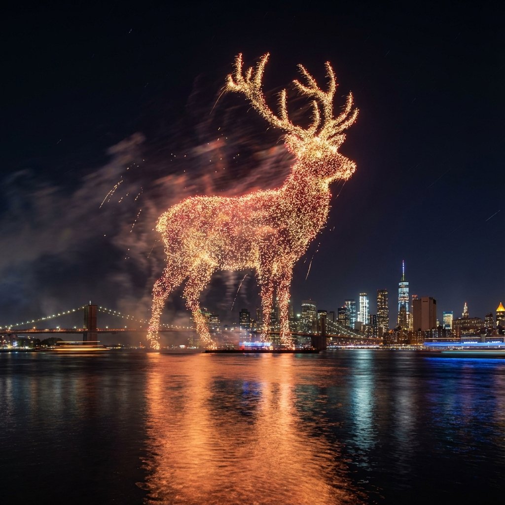 Santa Claus Fireworks over City Skyline — example 3