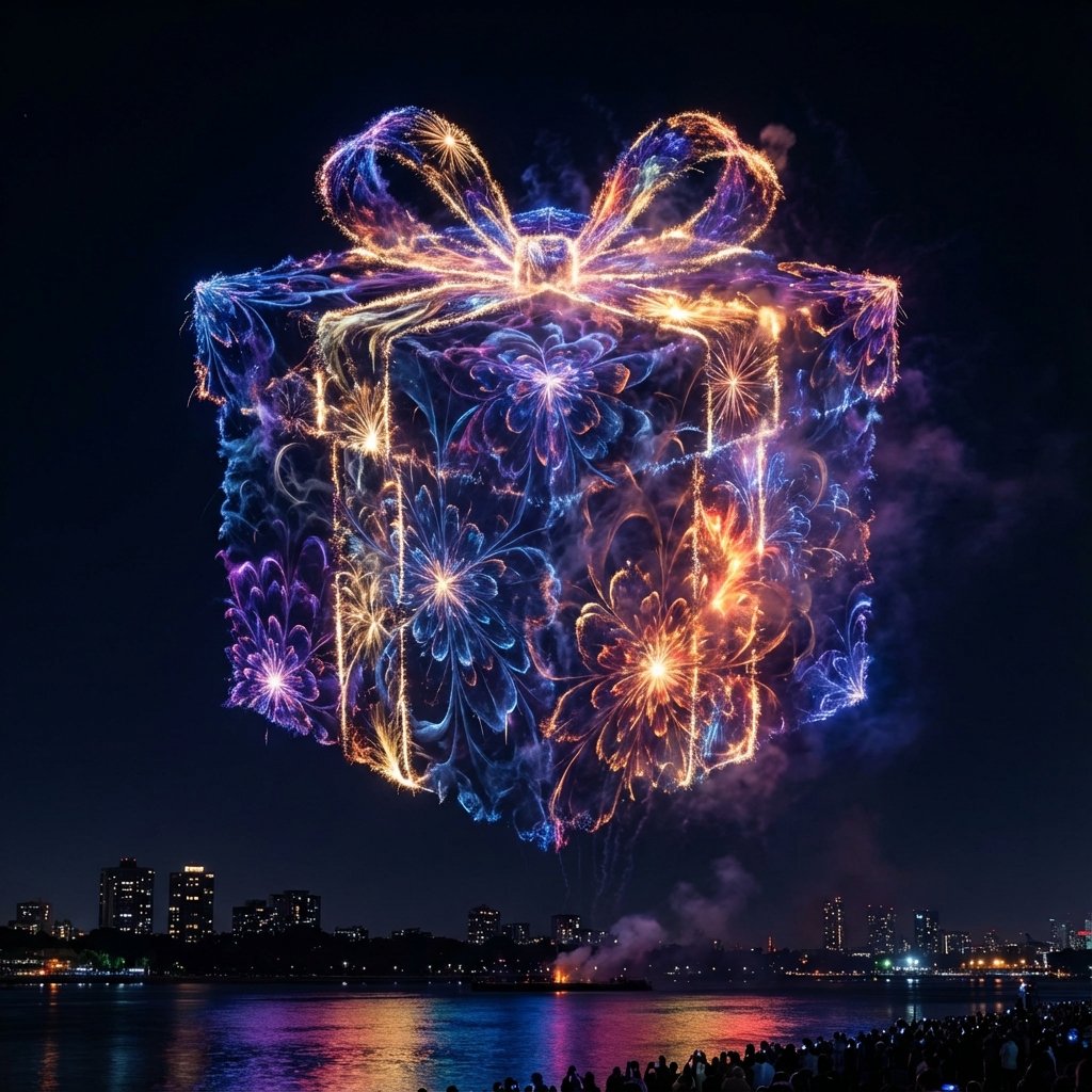 Santa Claus Fireworks over City Skyline — example 4