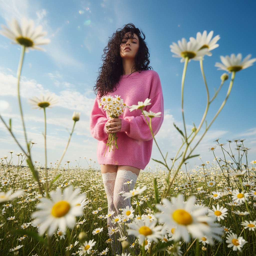 Hyper-realistic High-Fashion Editorial with Daisies — example 1