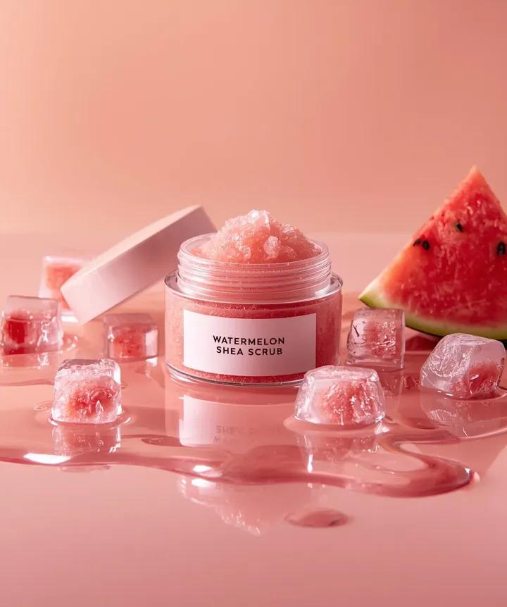 Hyper-photorealistic cosmetic skincare jar product shot with watermelon and ice cubes