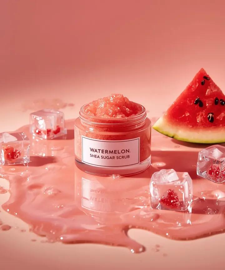 Hyper-photorealistic cosmetic skincare jar product shot with watermelon and ice cubes — example 2