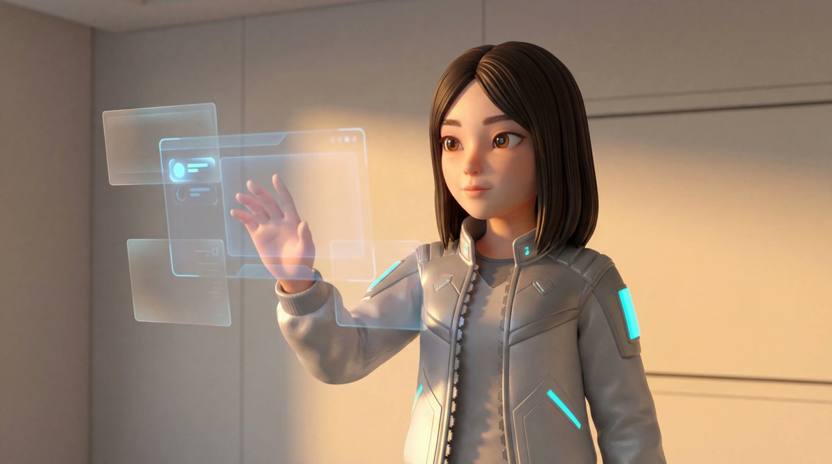 Medium Shot of Character Interacting with Floating Interface — example 4