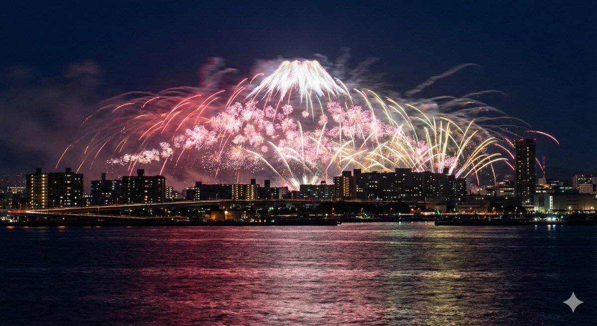Photorealistic Long-Exposure Fireworks over a City Skyline — example 1