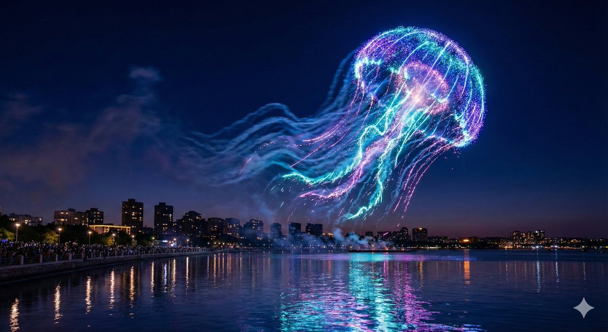 Photorealistic Long-Exposure Fireworks over a City Skyline — example 2